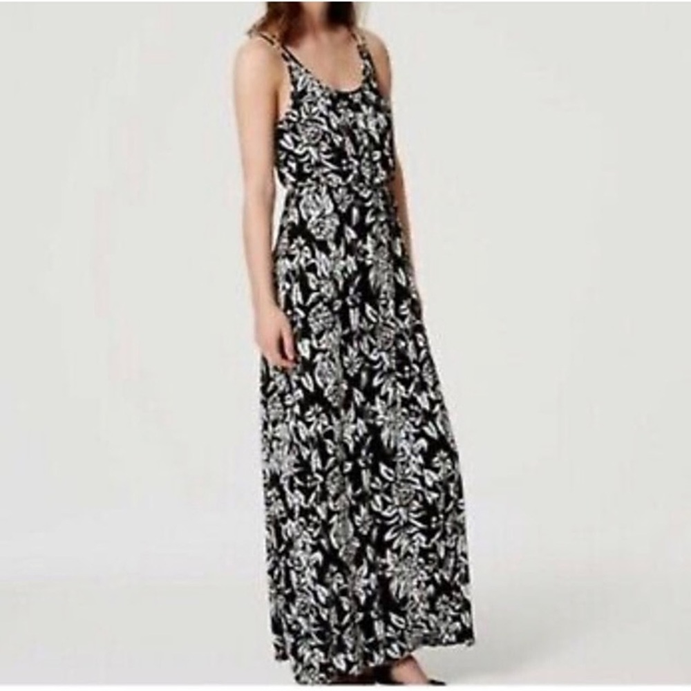 LOFT Rayon Maxi Dress, Size XSP, Black and White Floral Pattern, summer spring
